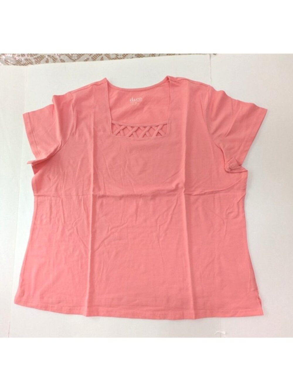 Denim & Co Short Sleeve Top T-Shirt Coral Size 2X Lattice Accent
